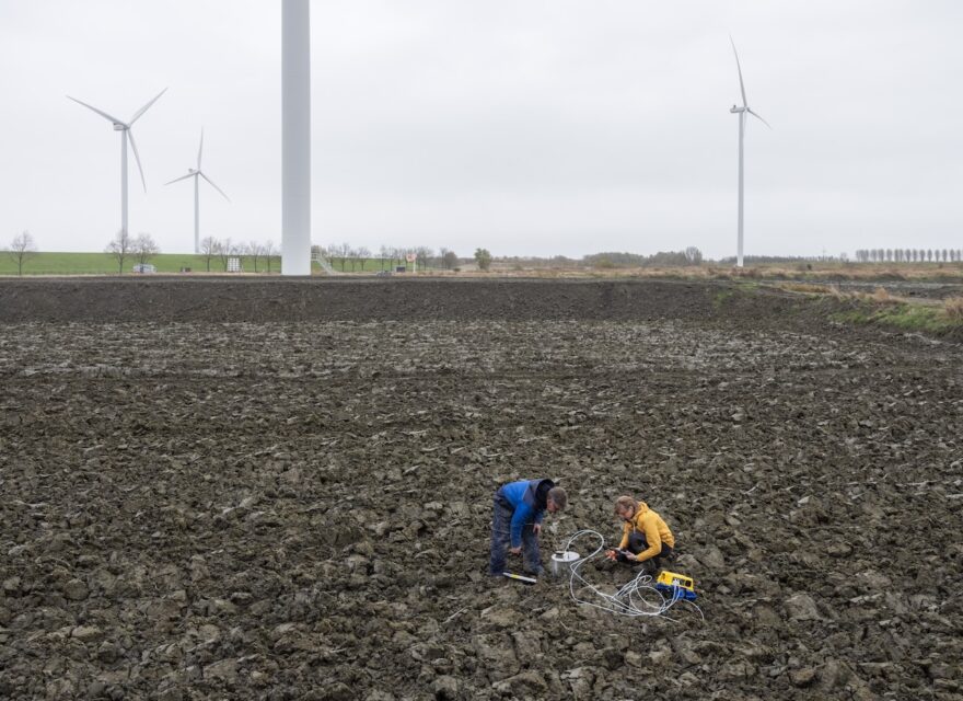 Dredged clay from the Eems River is left to mature. Deltares employees perform mandatory CO2 monitoring during earthmoving. Delfzijl (NL), 2021 